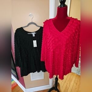2 MAGGIE BARNES PLUS SIZE 2X TOPS RED BLACK SPRING SUMMER BLOUSE GUC